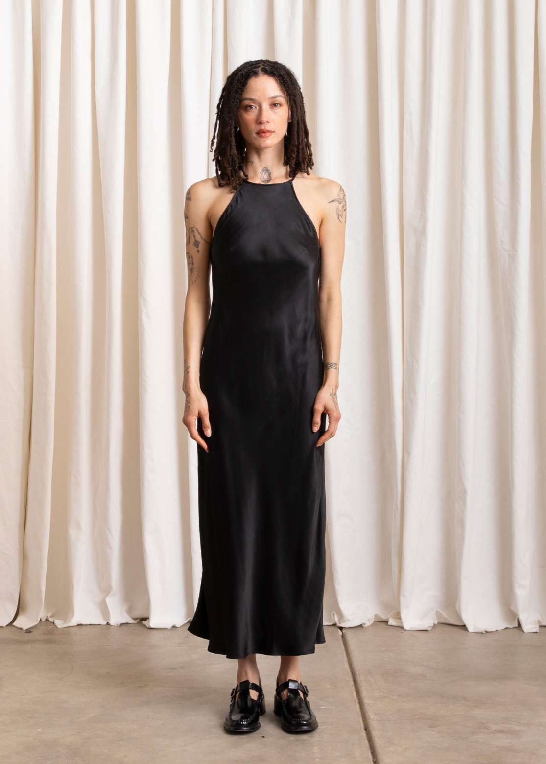 Ali Golden High Neck Bias Dress – Black – Seven Sisters