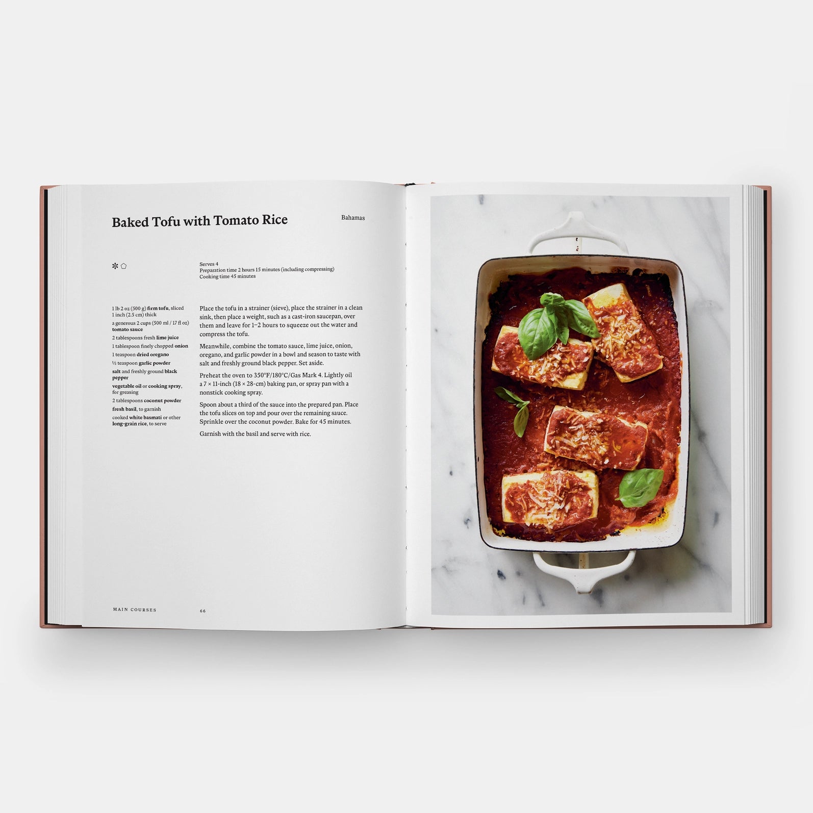 Open cookbook showing a recipe for Baked Tofu with Tomato Rice