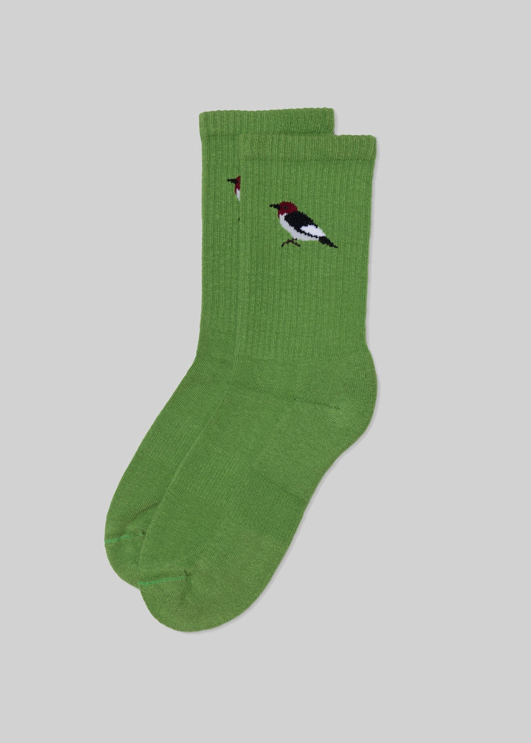 woodpecker embroidered on grass green socks