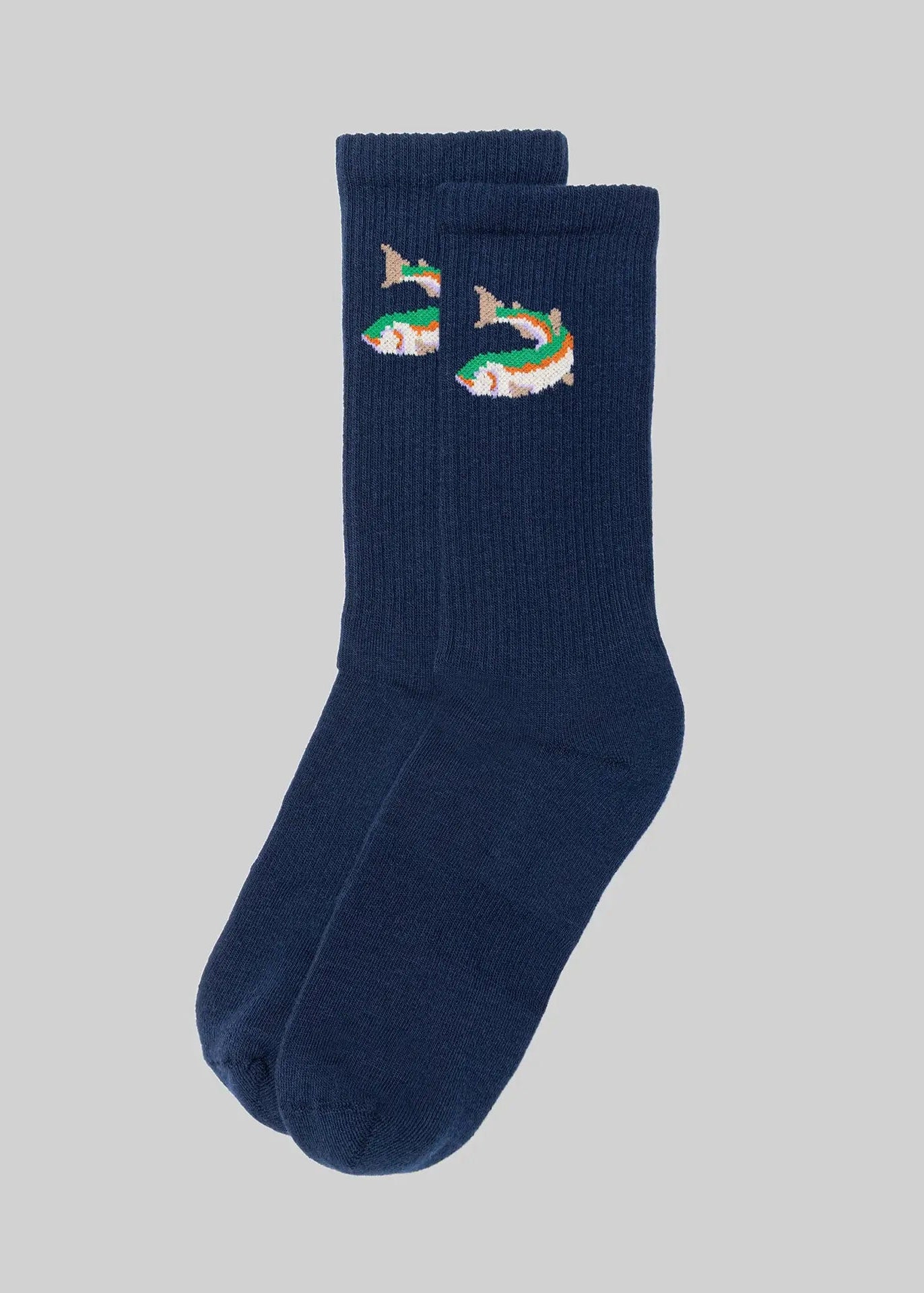 fish embroidered on navy socks