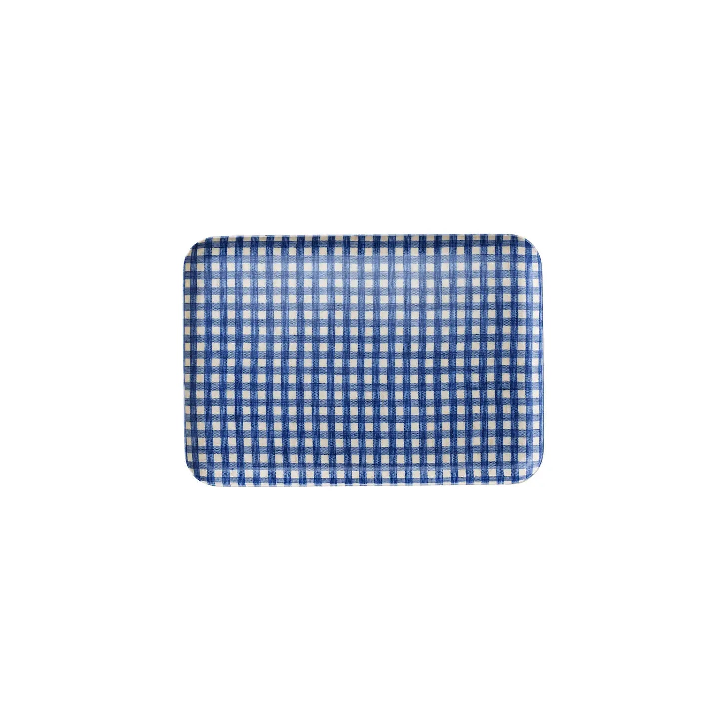 Rectangular blue and white checkered tray on a white background