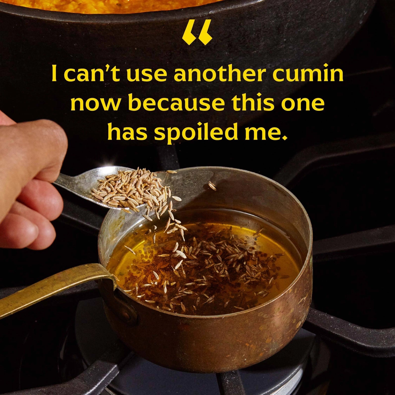 Hand pouring cumin seeds into a pot of oil with a humorous text overlay.