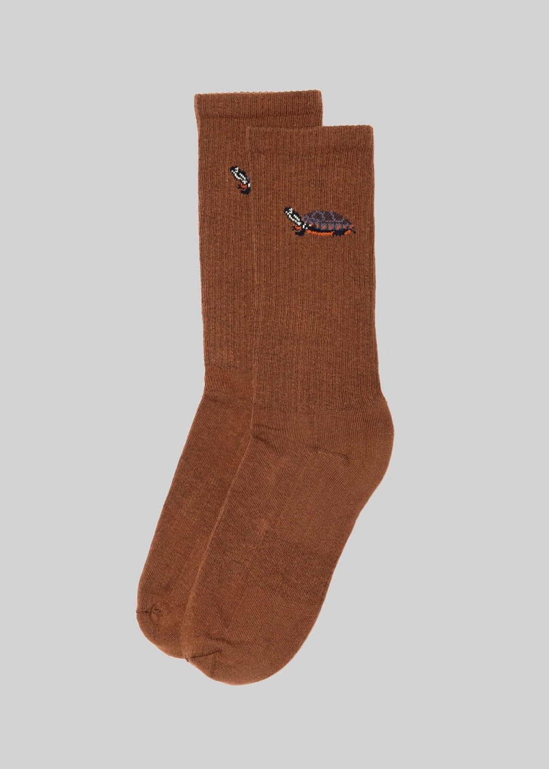 turtle embroidered on brown socks