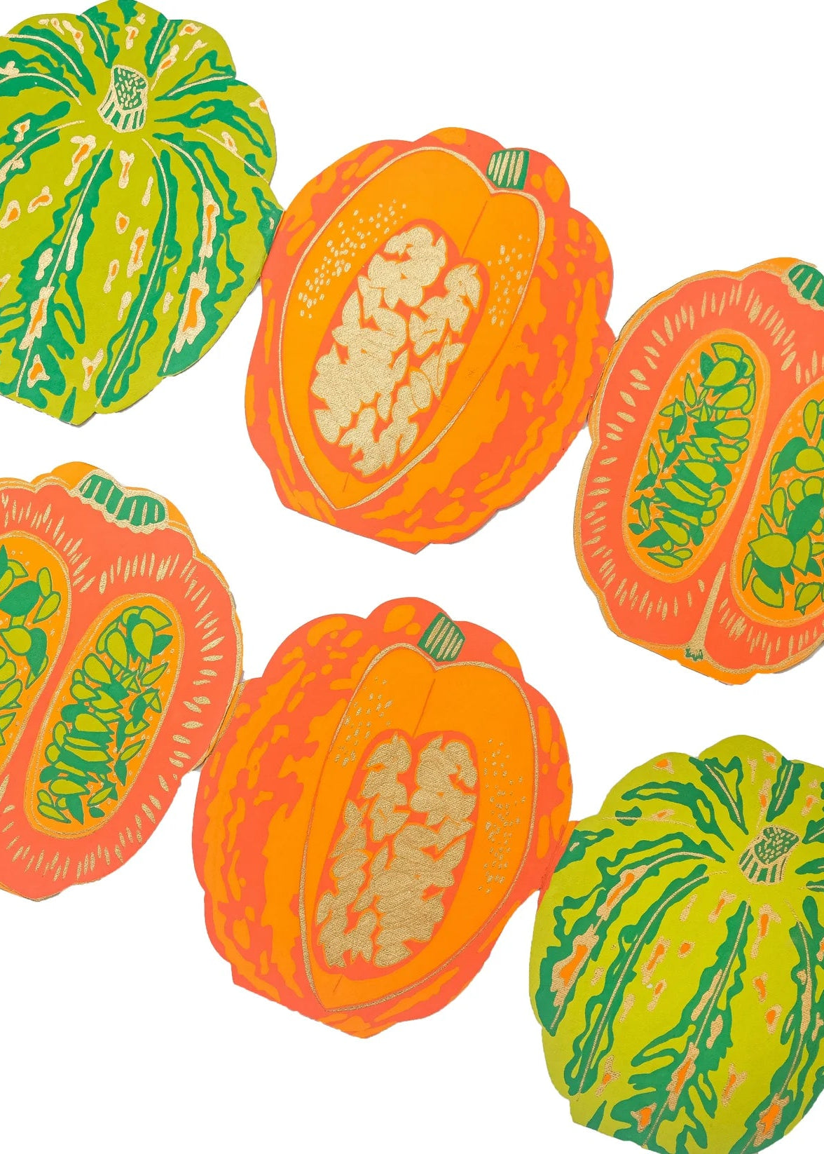 Illustrated pumpkins and squash in bright orange and green tones, including whole round forms and cut open sections showing seeds, arranged on a plain white background.