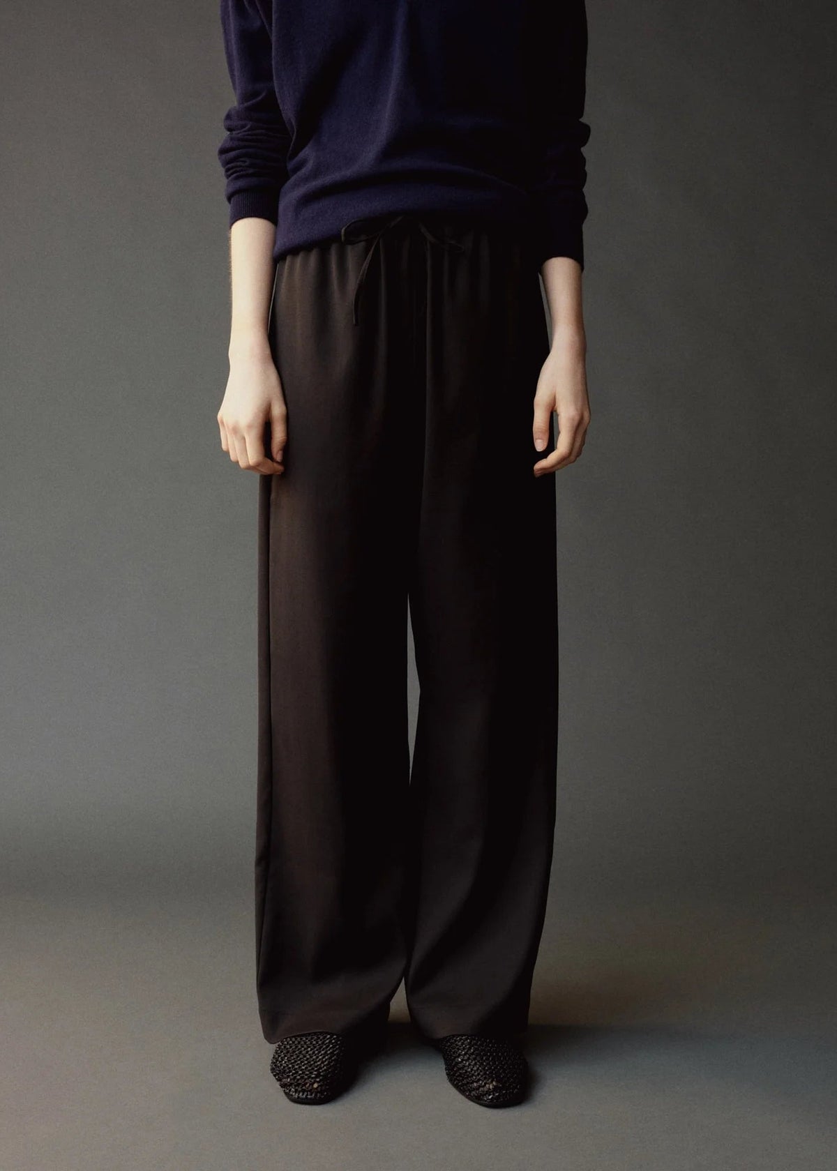 wool drawstring pants on model