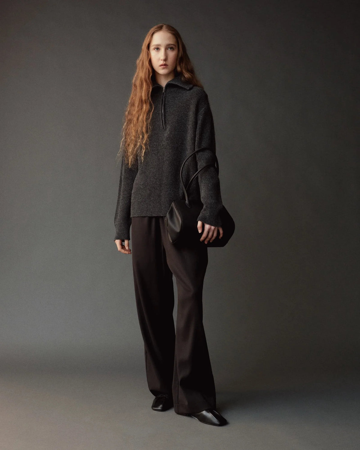 charcoal zip sweater on model
