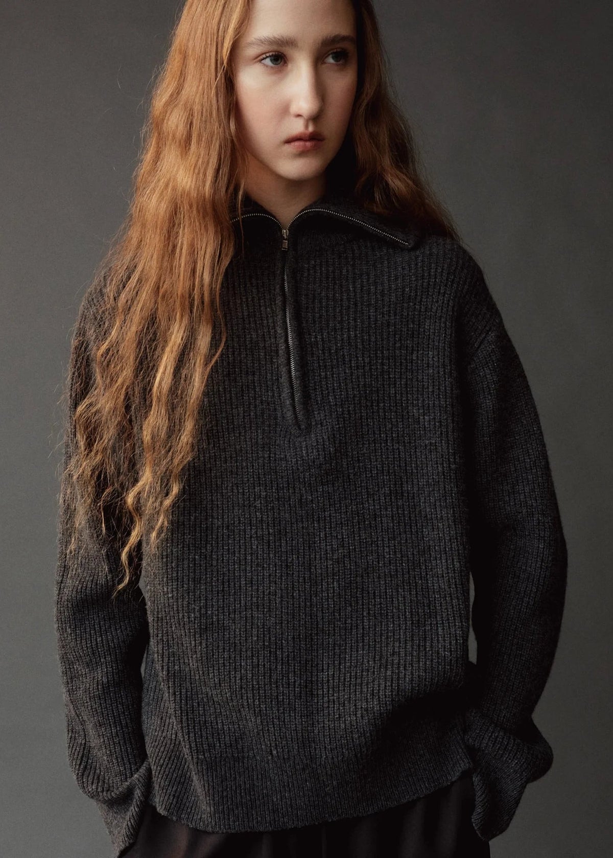 charcoal zip sweater on model