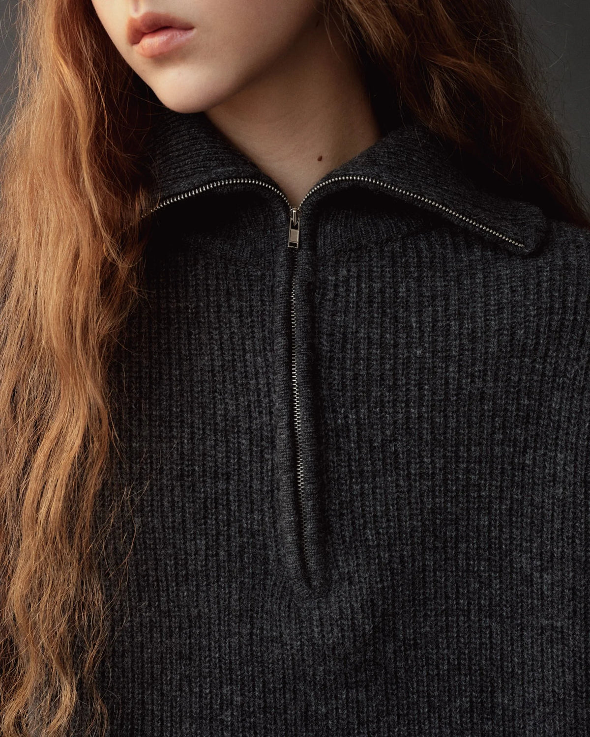 charcoal zip sweater on model