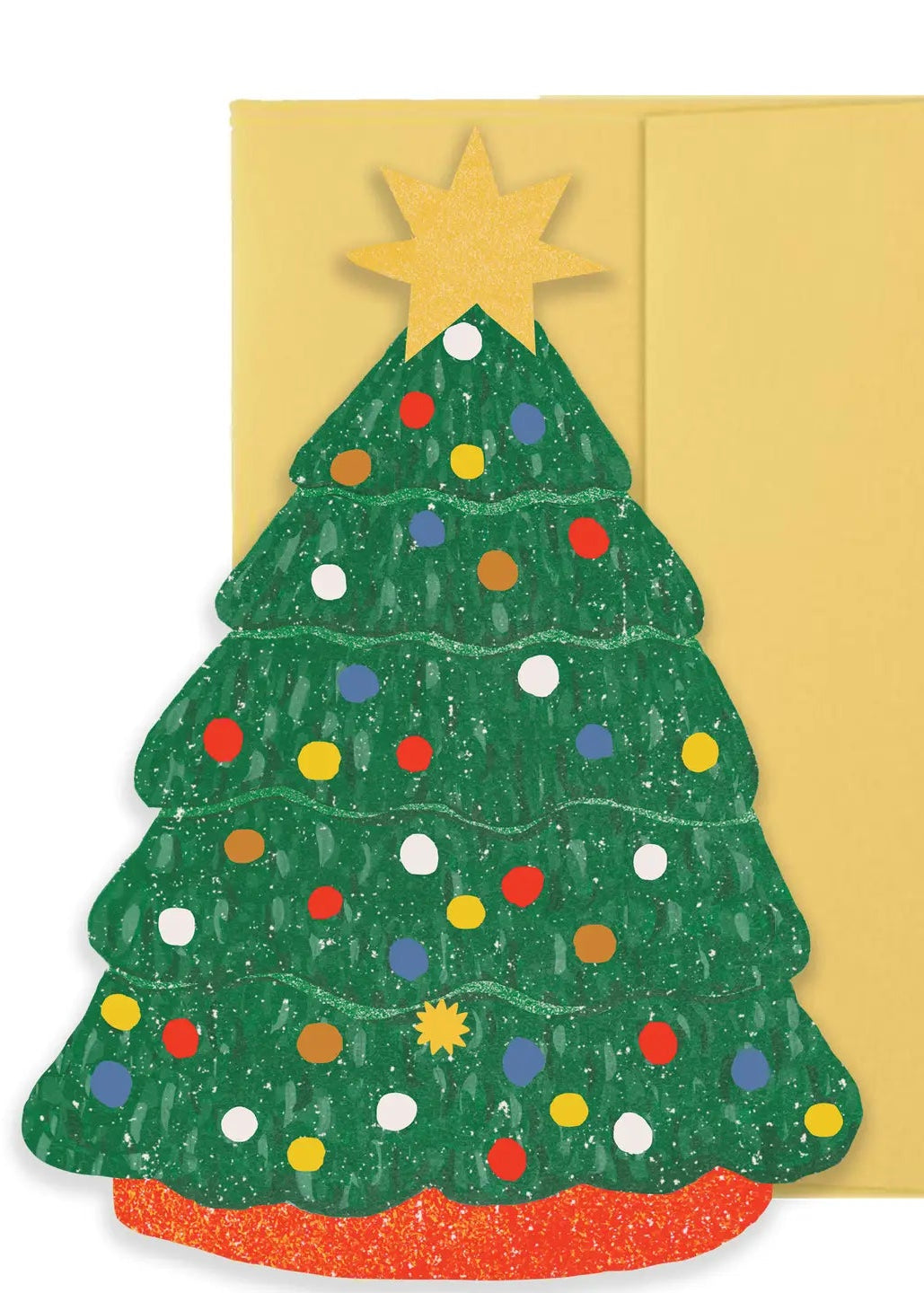 A Christmas tree card with a green glittery tree, multicolored ornaments, a gold star topper, and an orange base, shown with a gold envelope behind it on a white background.
