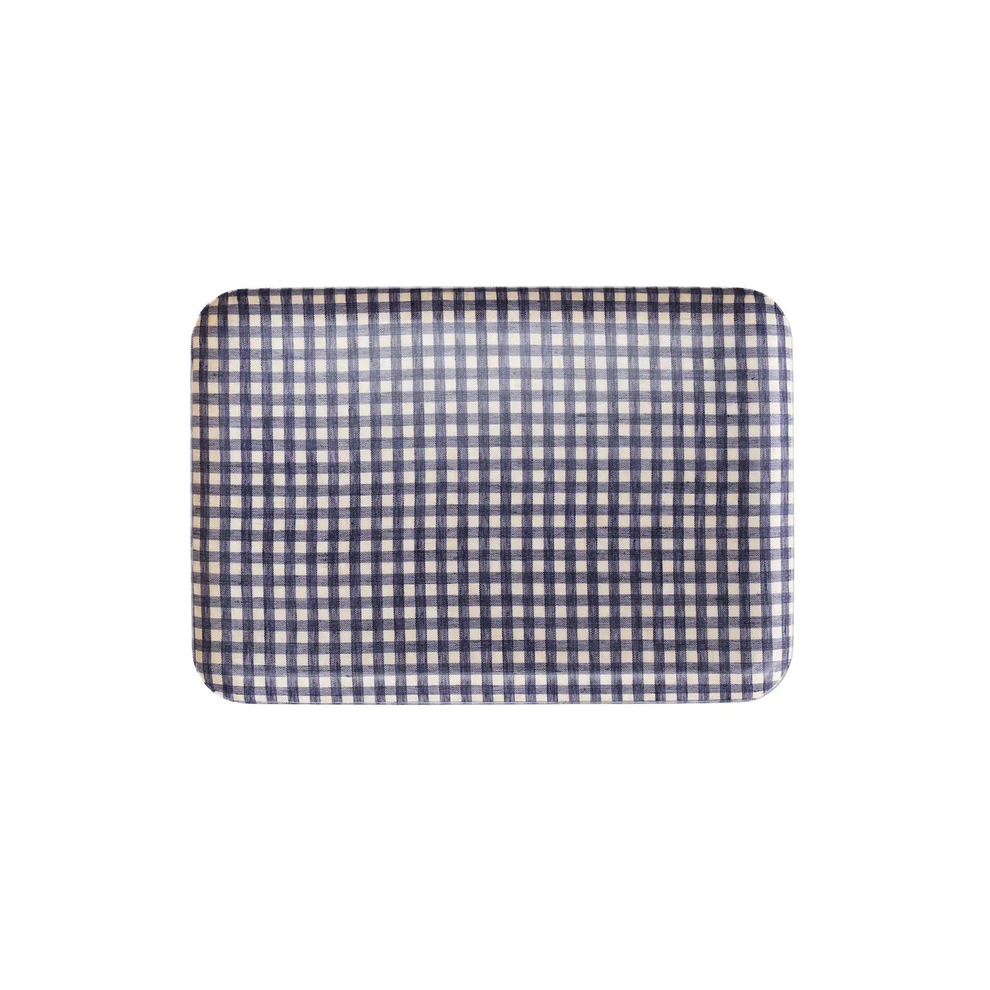 Rectangular blue and white checkered tray on a white background