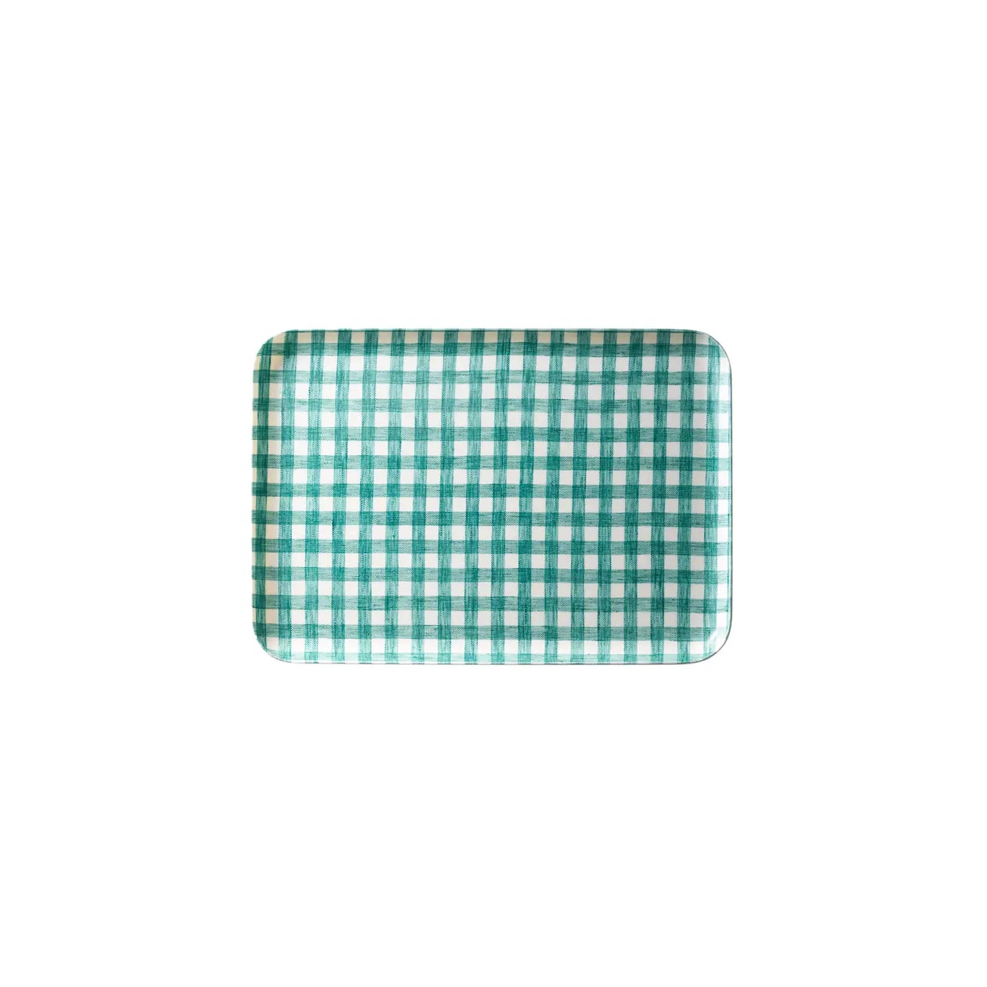 Green and white checkered tray on a white background