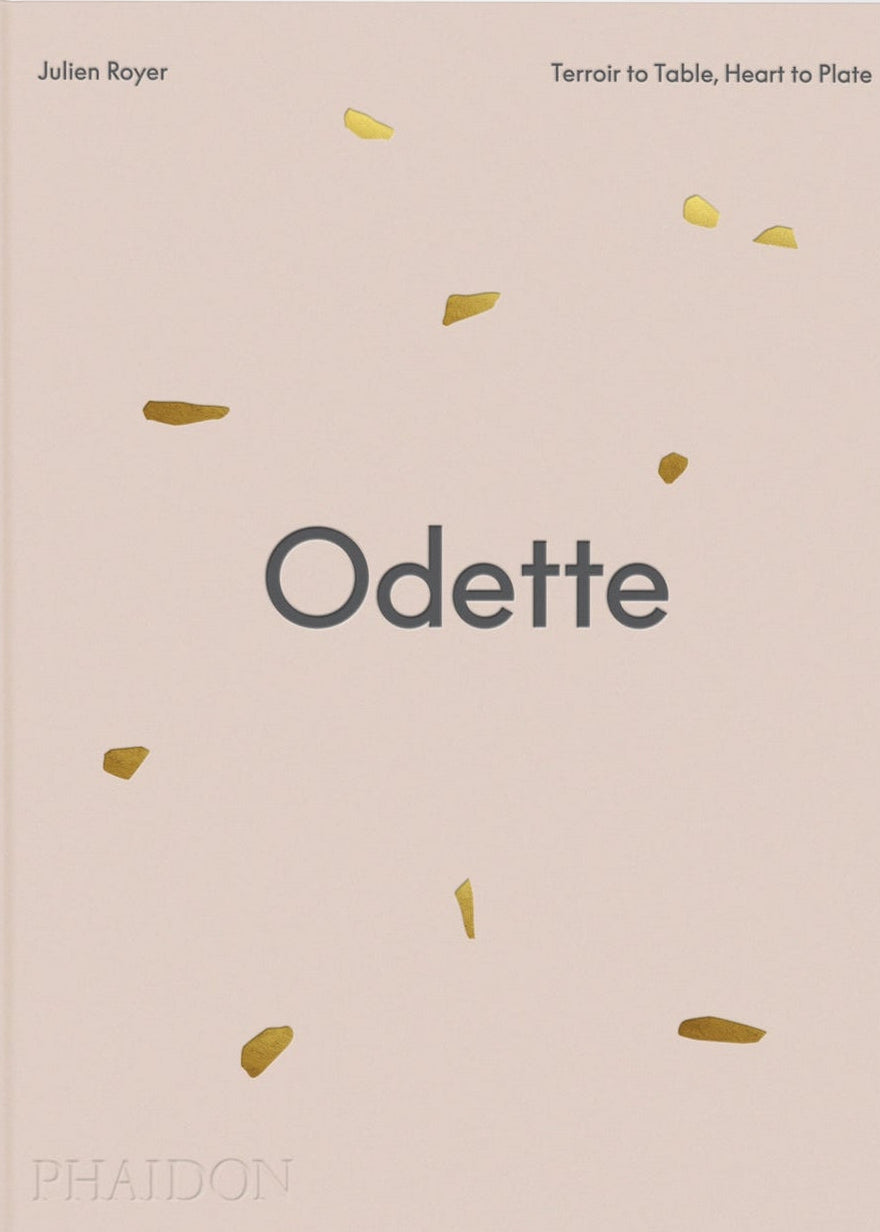 Book cover of 'Odette' by Julien Royer with gold speckles on a beige background
