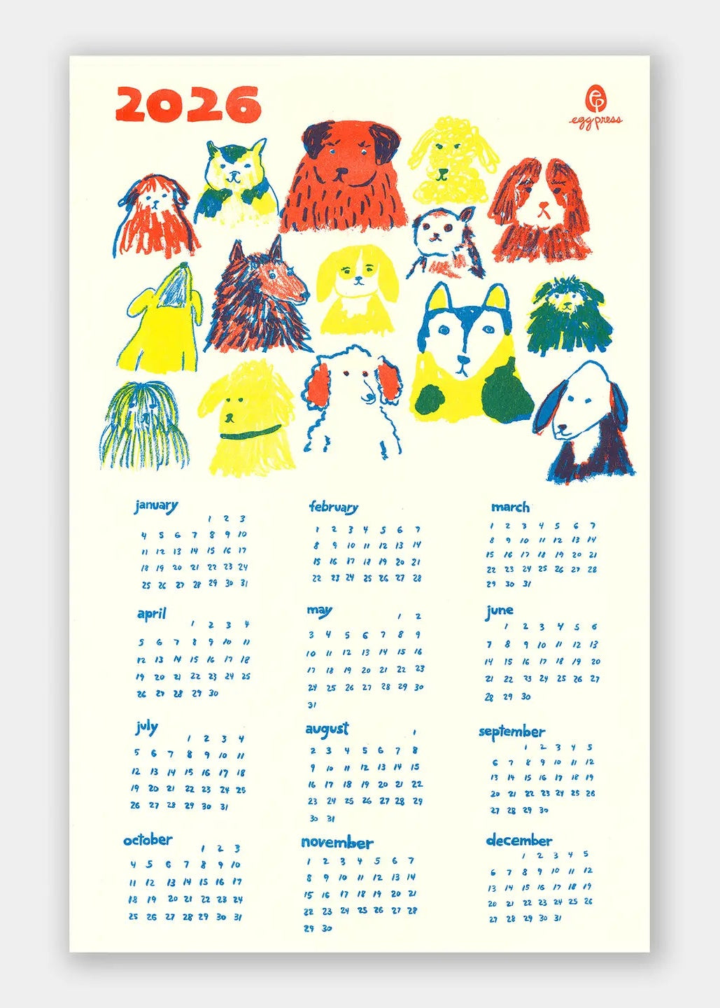 Dogs 2026 Calendar Illustrated Risograph Print