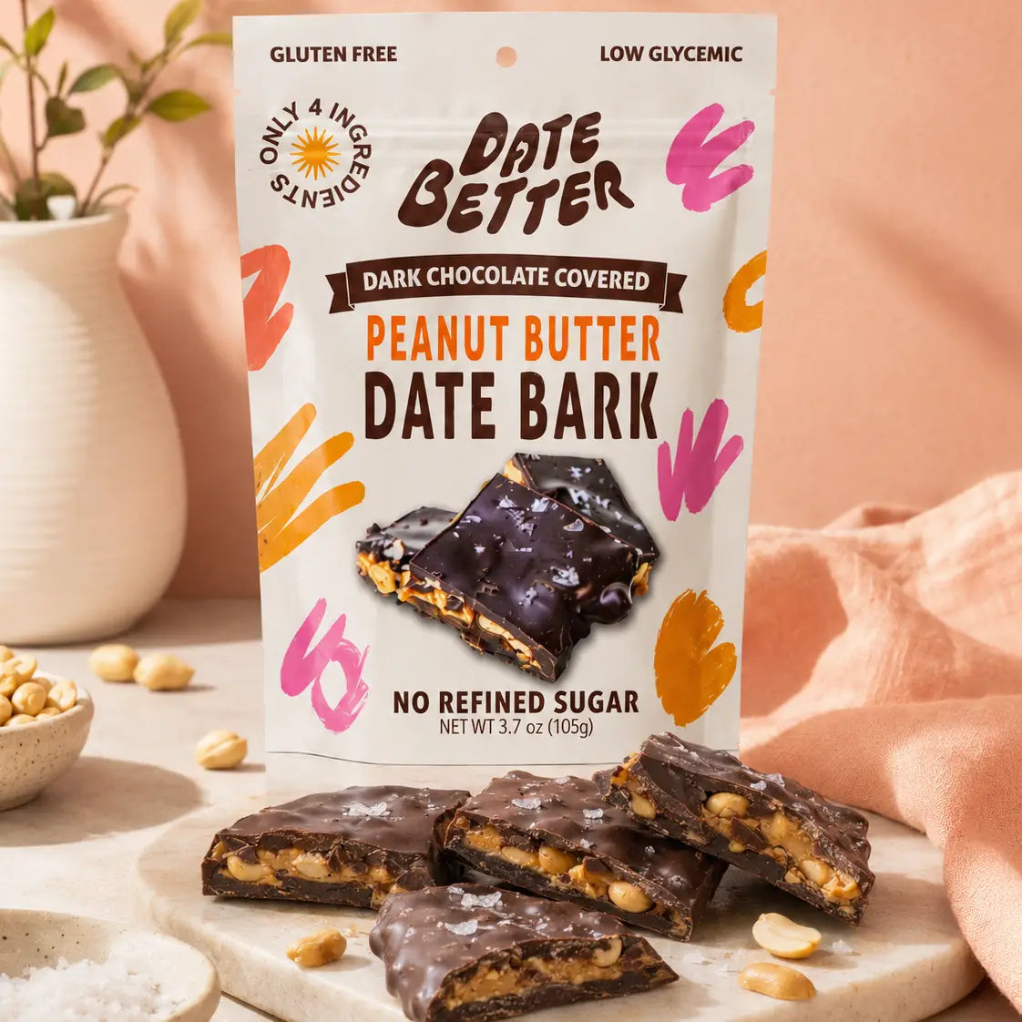 A stand-up pouch of Date Better Dark Chocolate Covered Peanut Butter Date Bark is shown on a marble slab with several pieces of the candy bark in front. The package is white with orange, pink, and brown text and graphics, and the background is a warm peach-pink color with decorative props including a small plant, ceramic vase, and fabric.
