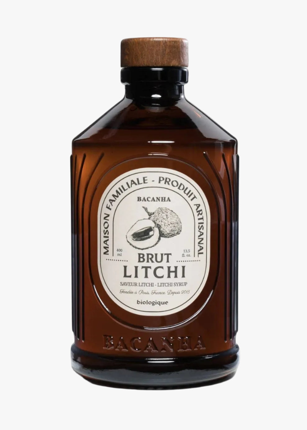 Lychee Syrup by Bacanha in a brown glass bottle