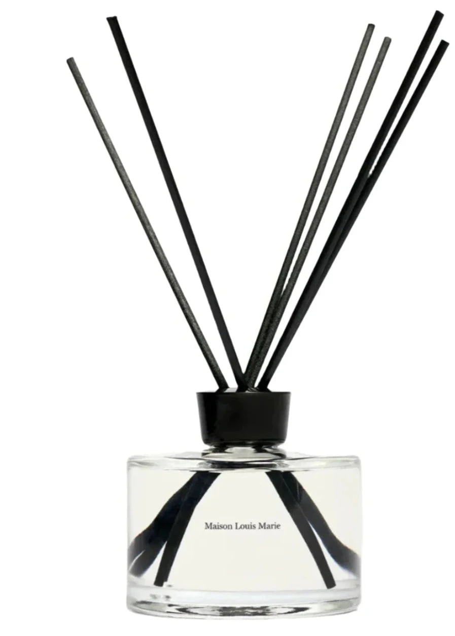 glass container with black stick diffusers