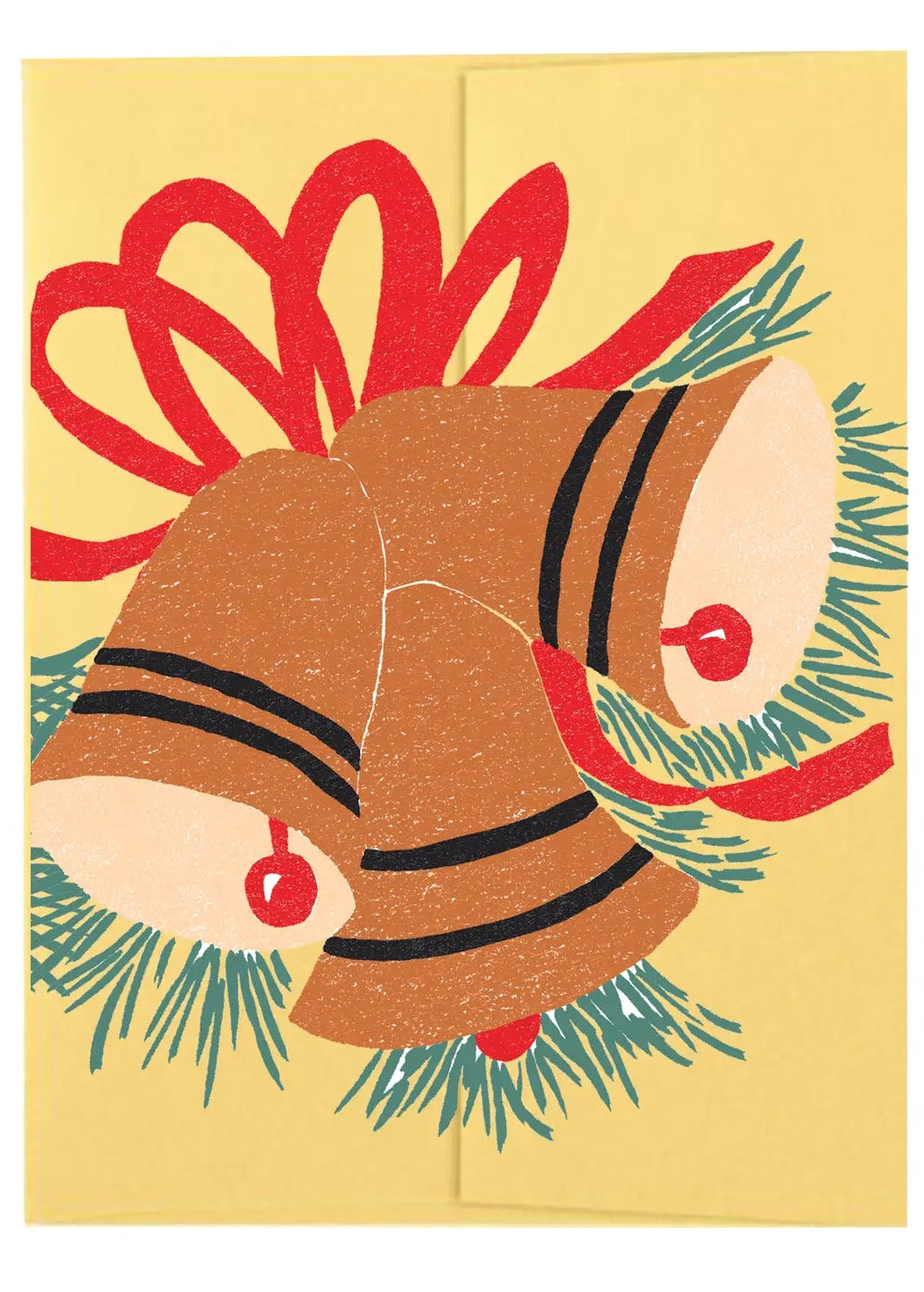A square greeting card featuring a stylized illustration of two brown jingle bells with black stripes, red ribbons, and green pine branches on a pale yellow background.