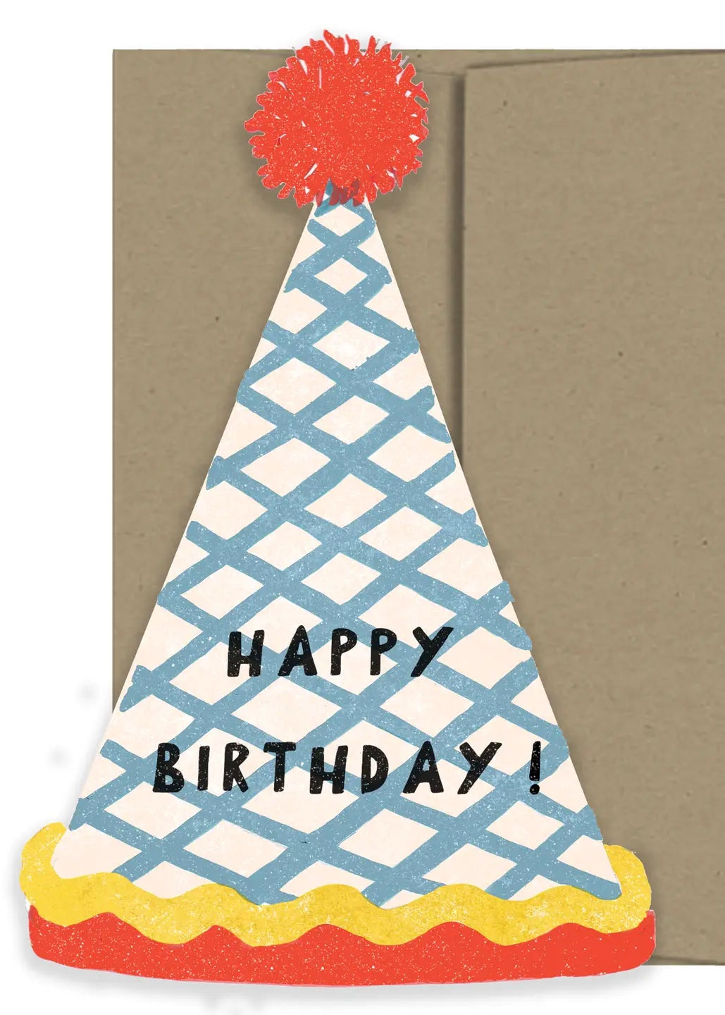 Birthday card with a party hat design and 'Happy Birthday!' text on a brown envelope.