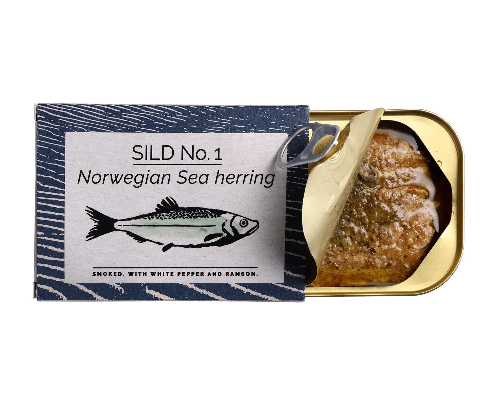 Can of Sild No. 1 Norwegian Sea herring with packaging on a white background