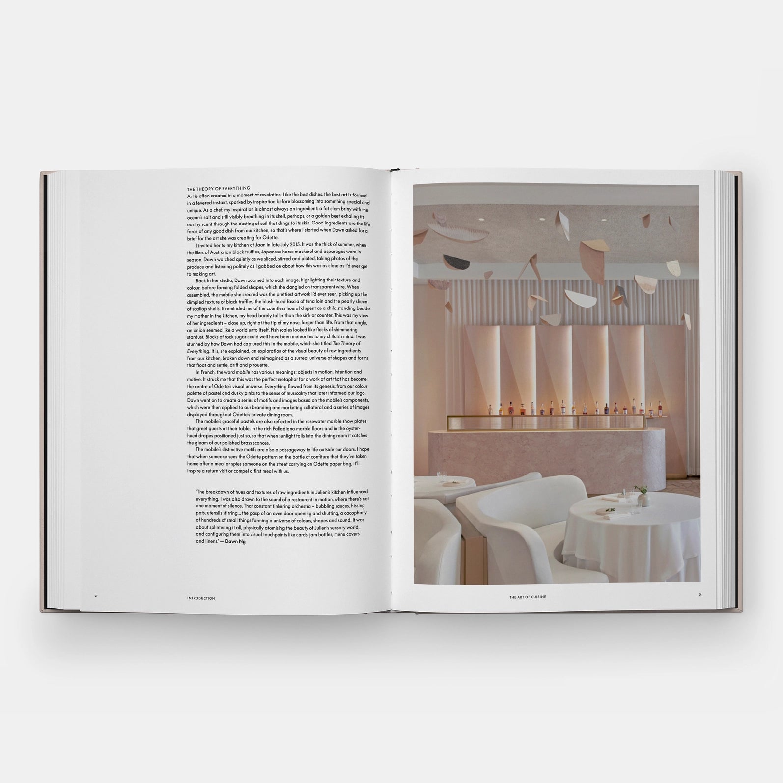 Open book with text on one page and a photograph of a modern interior design on the other, on a white background.