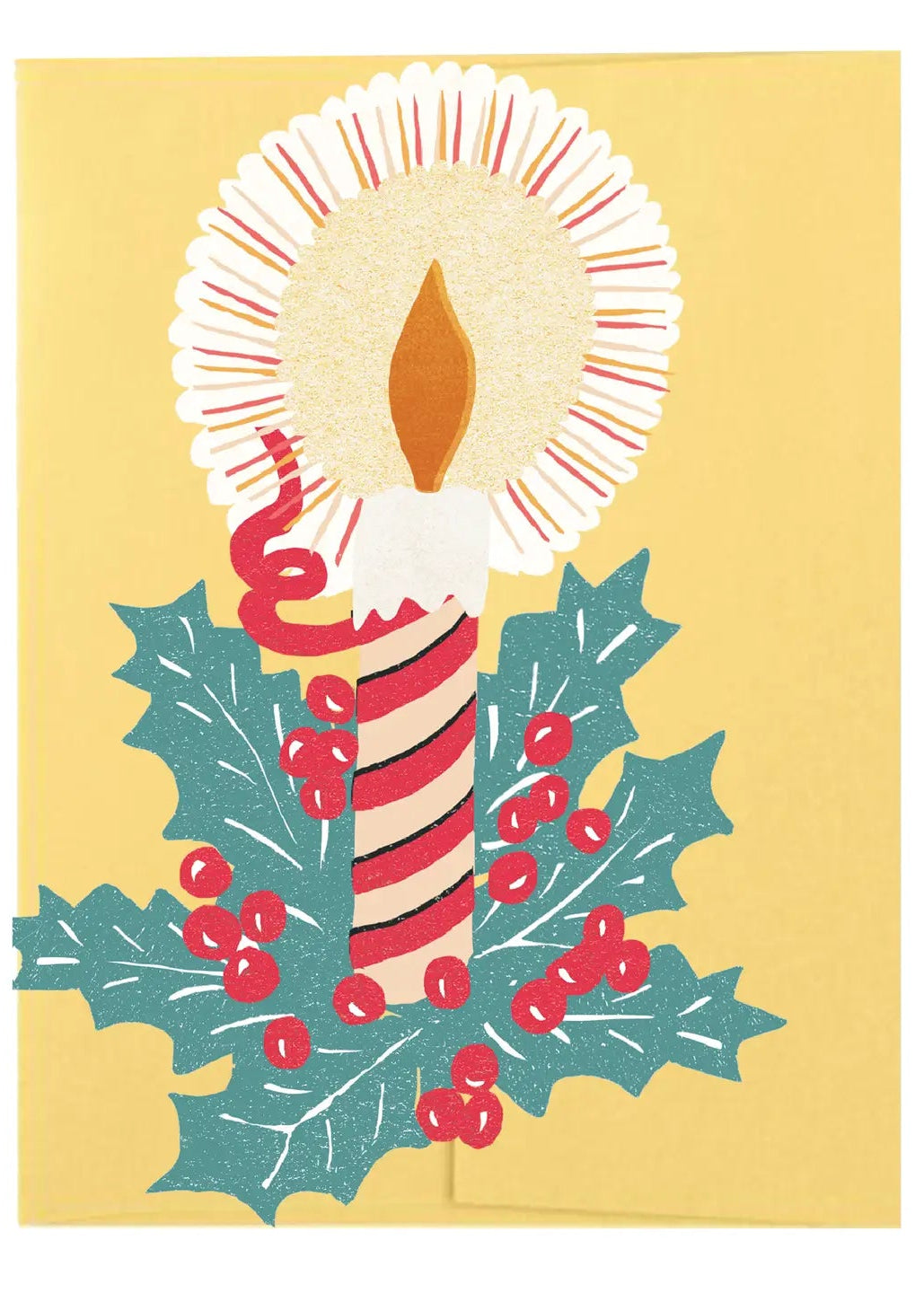 A square greeting card or art print featuring a stylized holiday candle illustration on a pale yellow background. The candle has a white wax top with red radiating lines, a red-and-white striped body, teal holly leaves, and red berries.