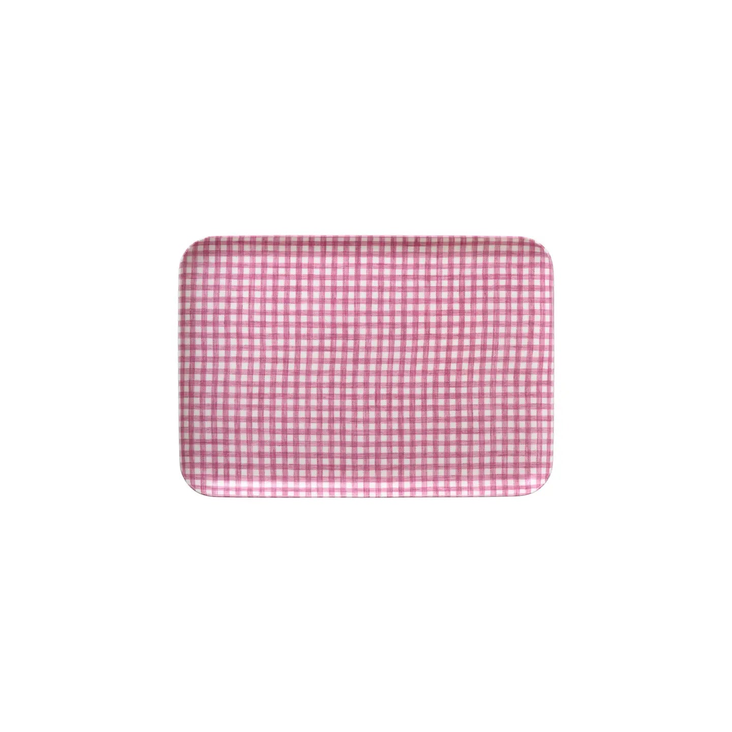 Rectangular red and white checkered tray on a white background