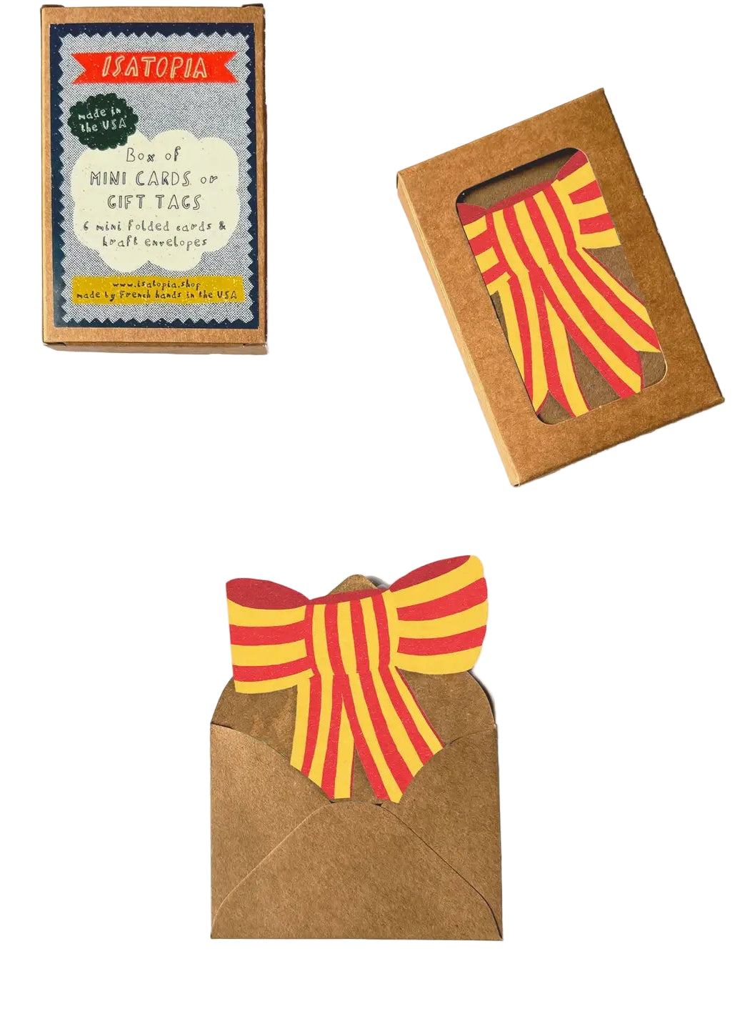 This fun red and yellow striped bow and kraft paper envelope, next to the little brown  box it comes in