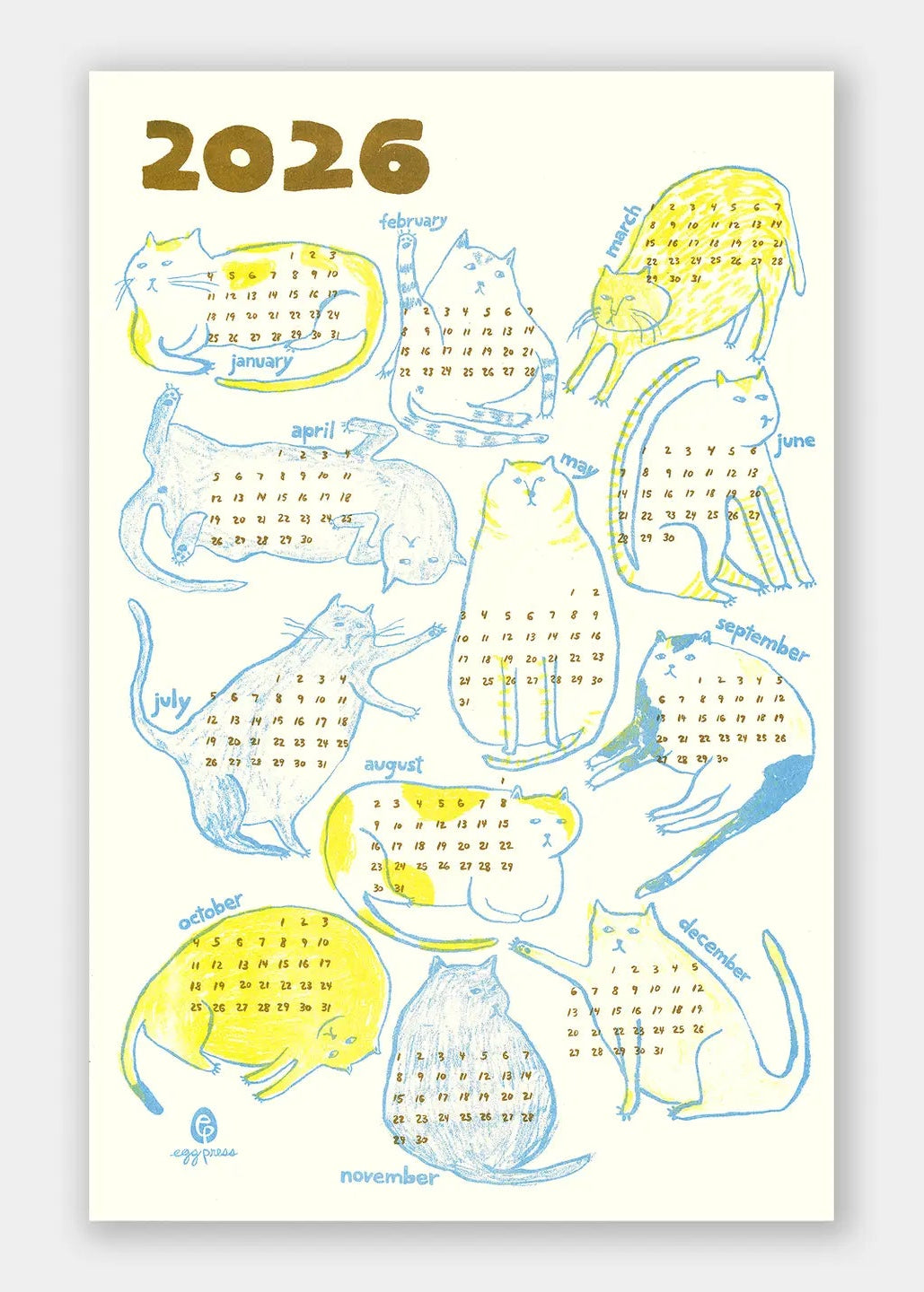 Cats 2026 Calendar Illustrated Risograph Print