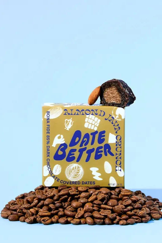 packaging with coffee beans, almonds and the product spilling out