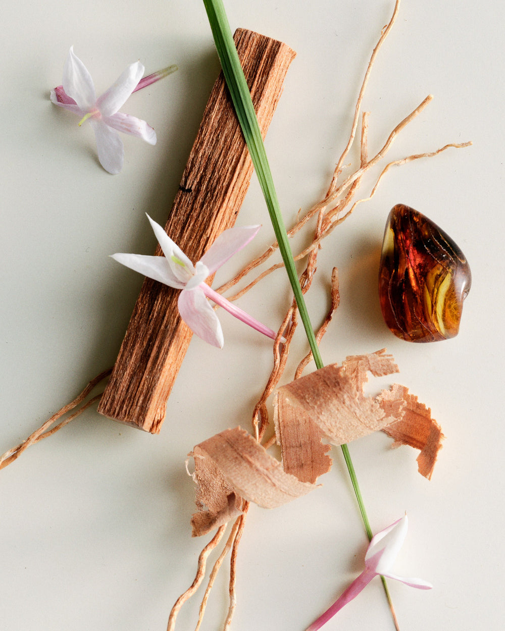 amber, wood, grass and flowers