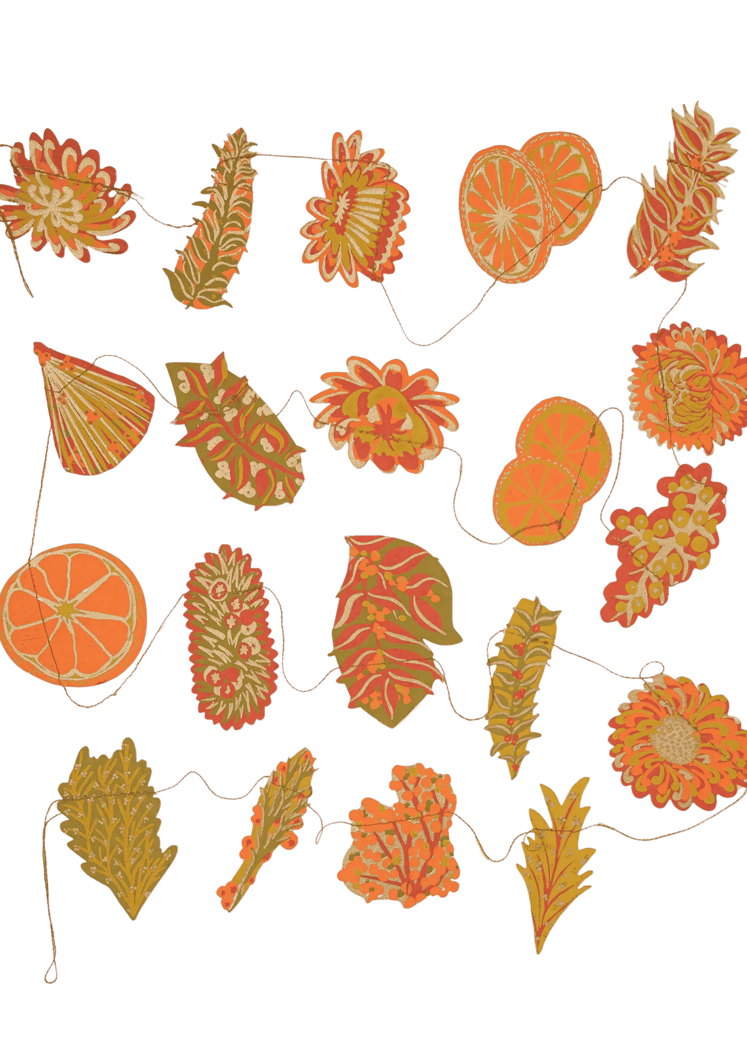 An autumn-themed garland featuring illustrated orange slices, acorns, pinecones, and colorful fall leaves strung together on a thin cord against a plain white background.
