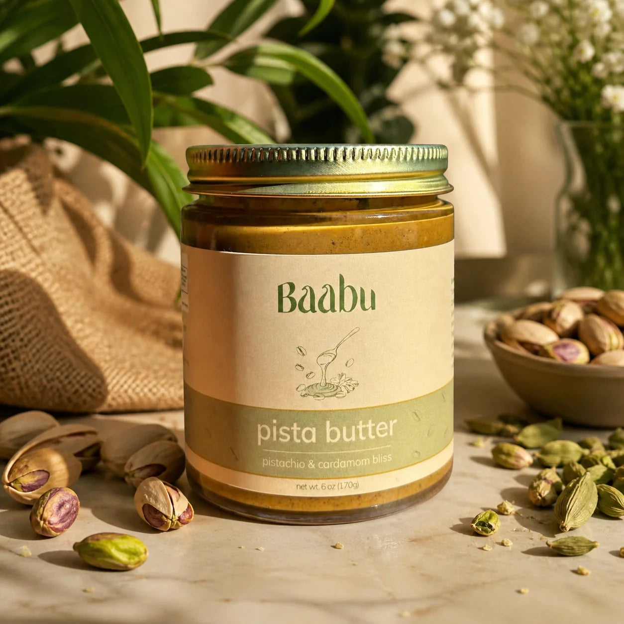 Jar of Baabu pista butter with pistachios and cardamom on a wooden surface