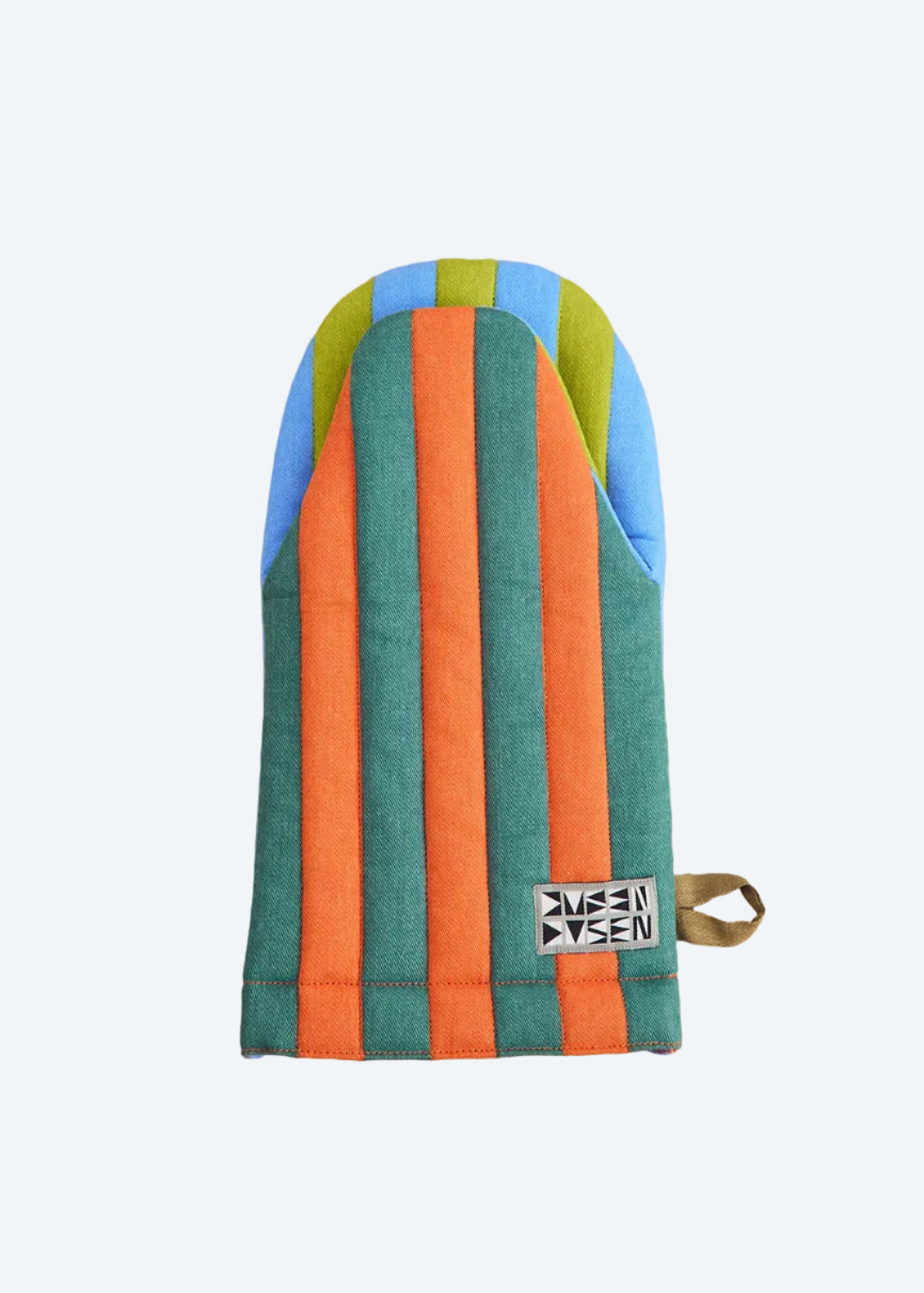 Colorful striped pot holder with a brand logo on a wooden surface