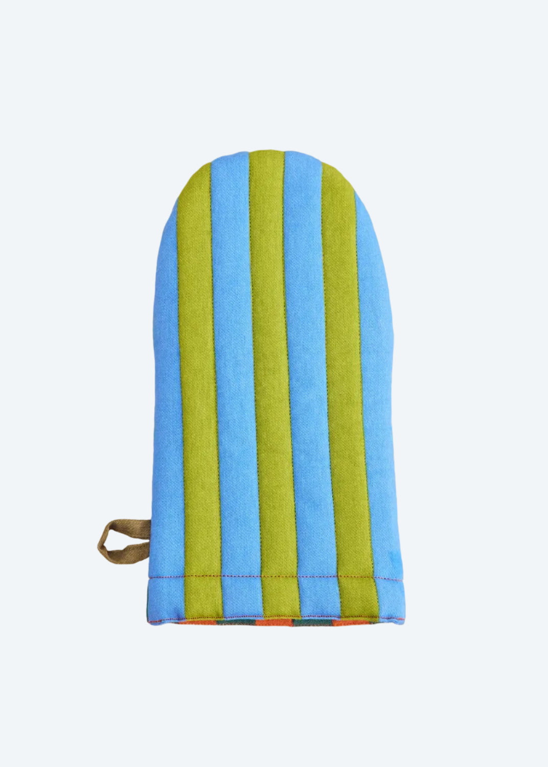 Colorful striped oven mitt on a wooden surface