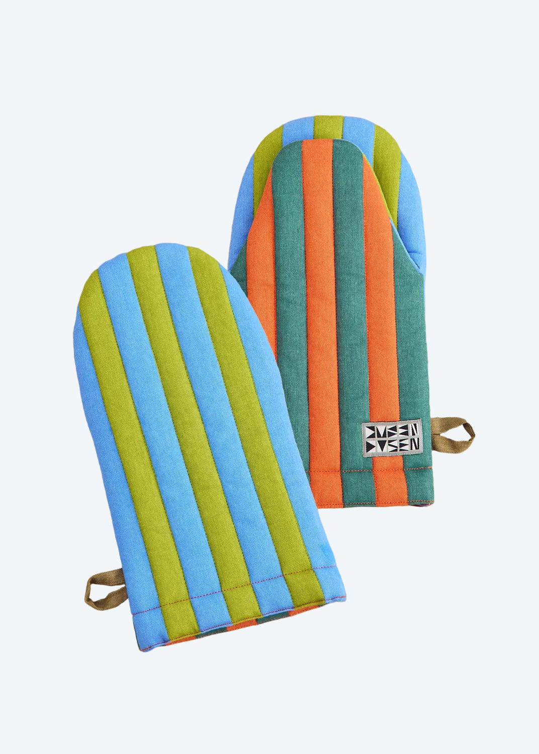 pair of colorful striped oven mits