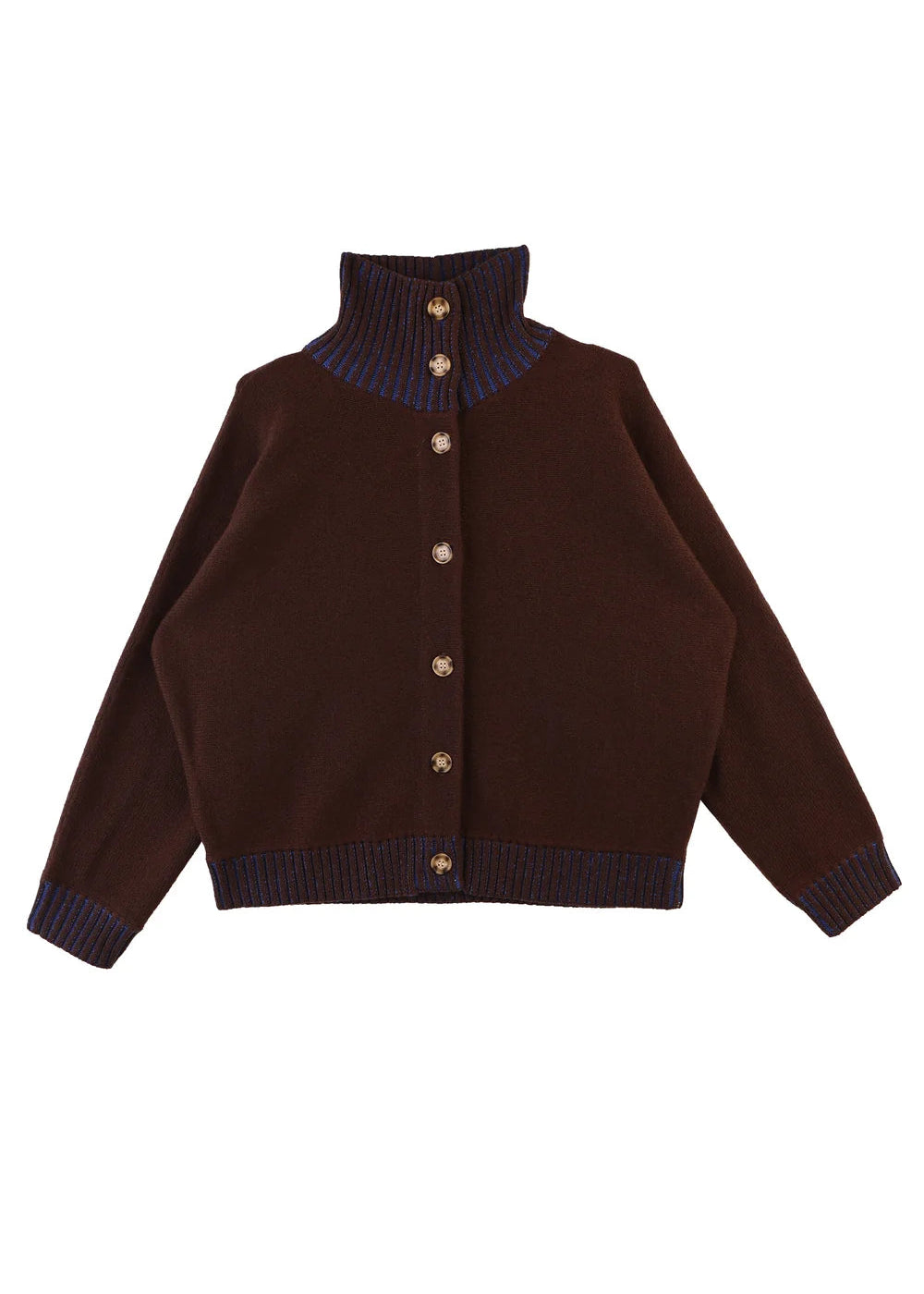 A dark brown knit cardigan sweater with a mock neck, gold-tone buttons, and navy blue ribbed trim on the collar, cuffs, and hem, displayed against a solid white background.