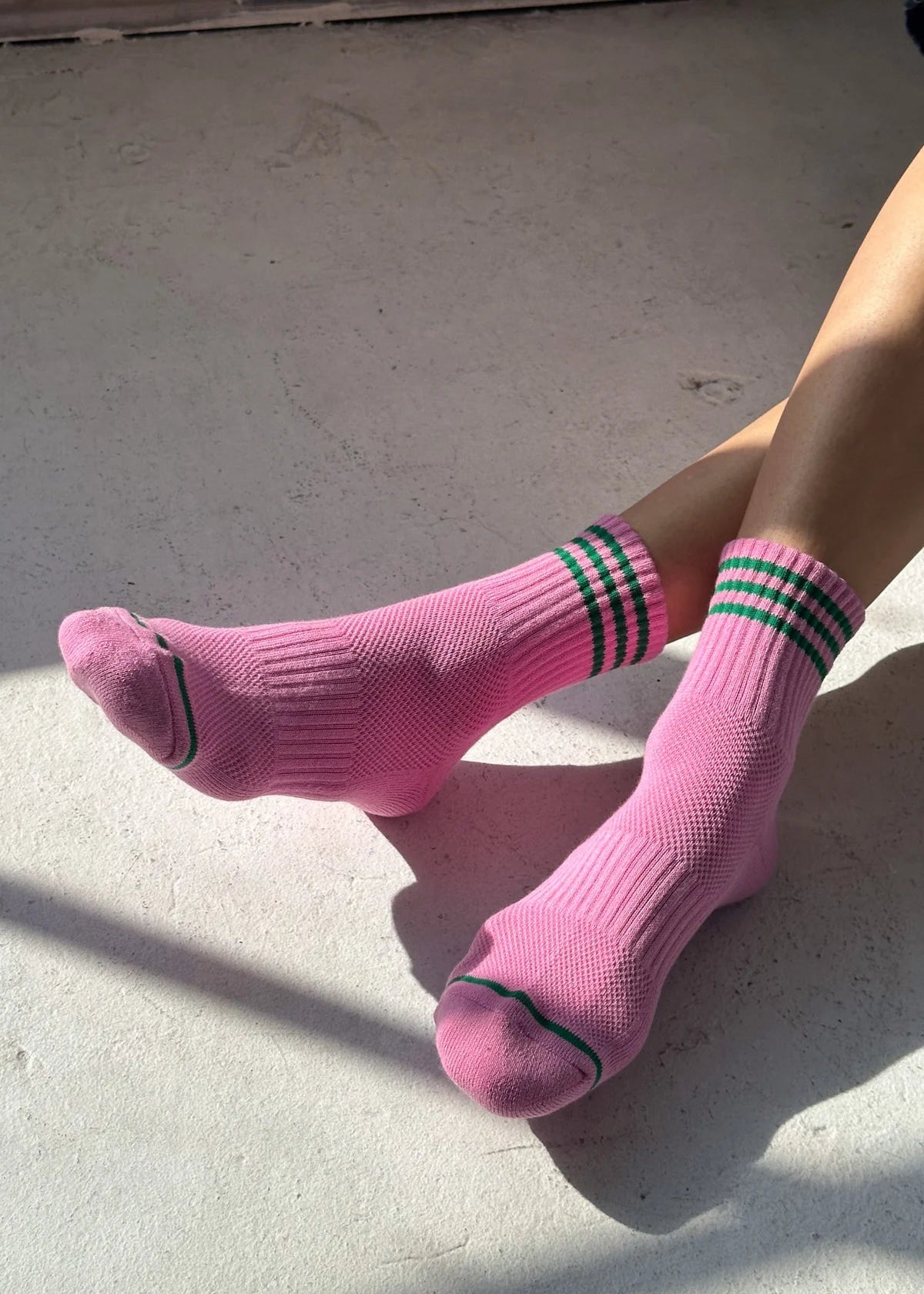 pink socks with green stripes