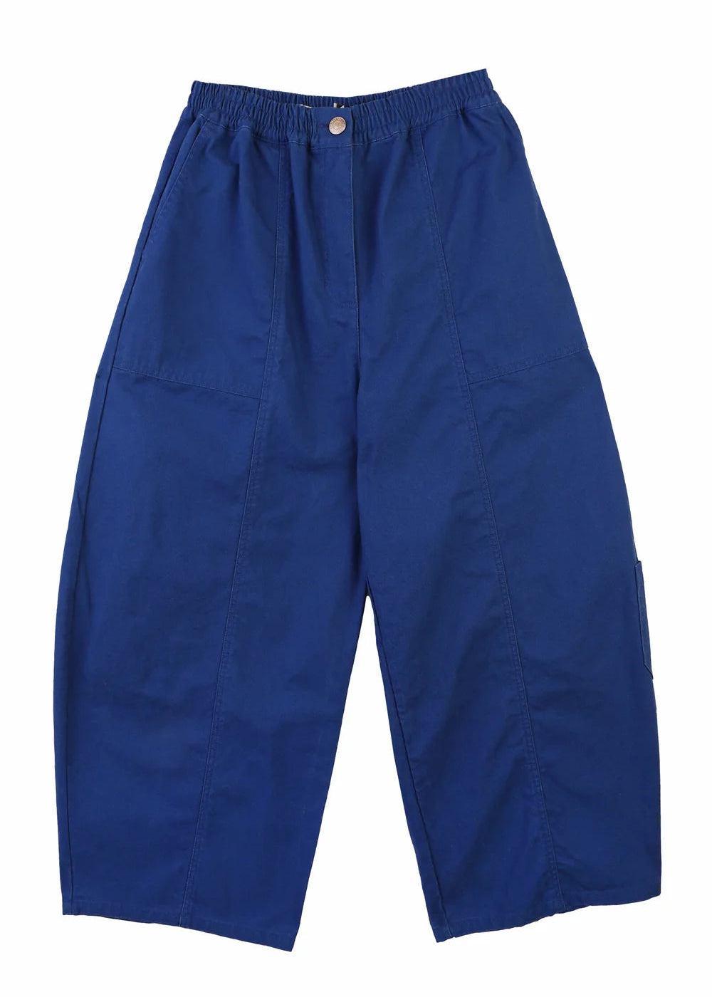 A pair of wide-leg, cropped blue pants with an elastic waistband and a single button closure, shown flat on a white background.