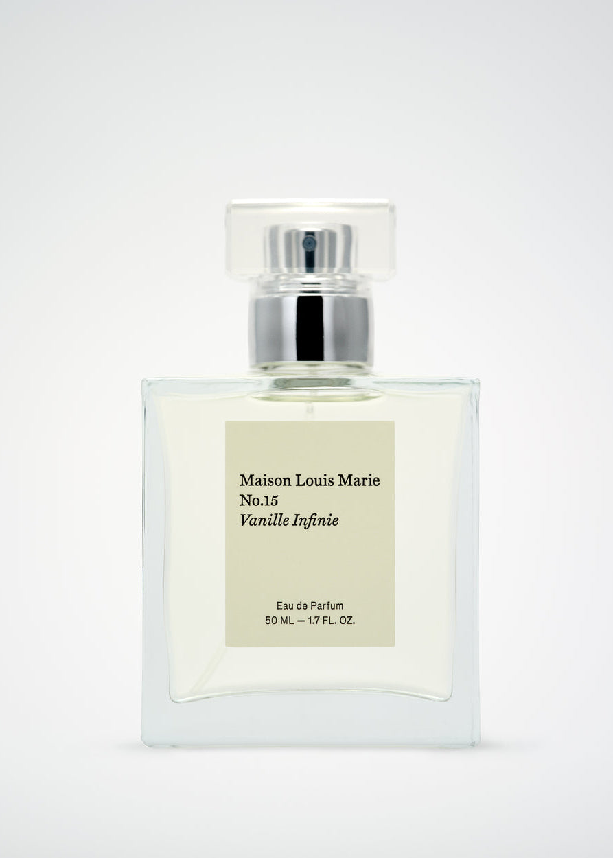 Perfume bottle labeled 'Maison Louis Marie No.15 Vanille Infinie' on a white background