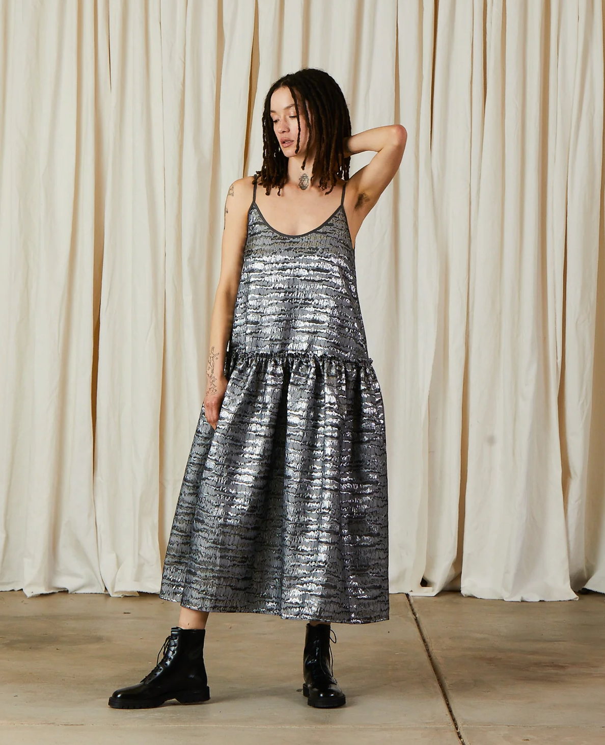 Jacquard Drop Waist Ruffle Dress // Silver