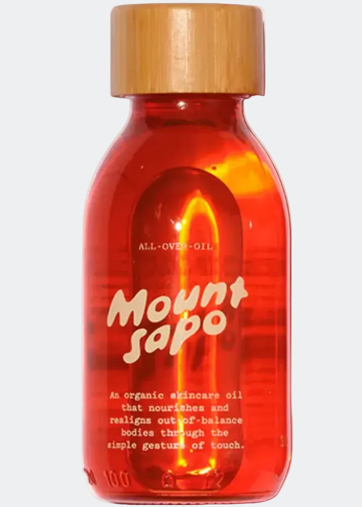 Red bottle with wooden cap labeled 'Mount Sapo' on a white background