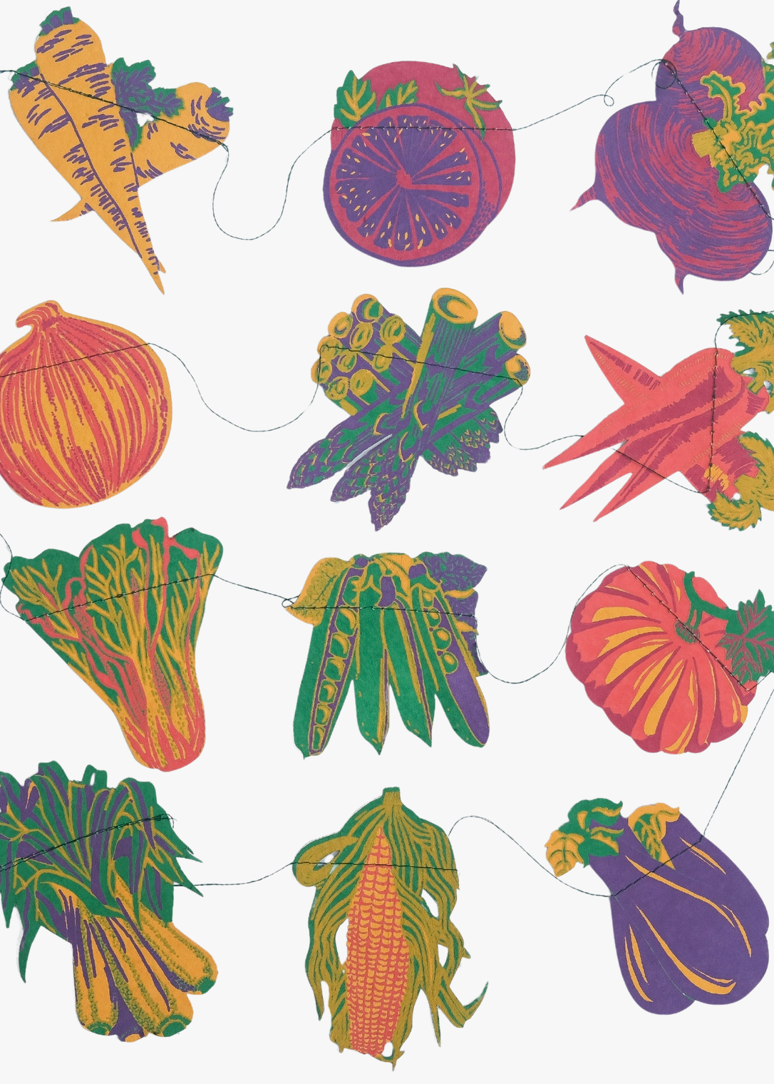 Colorful string art of vegetables on a white background