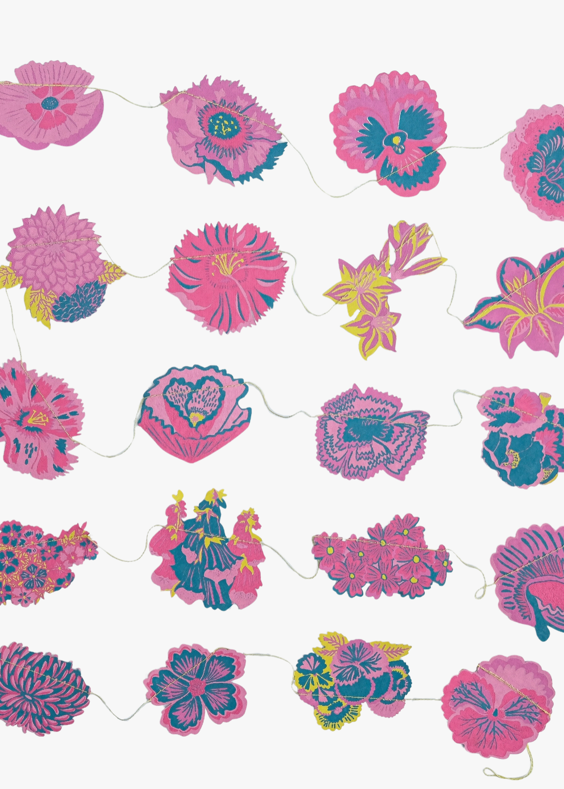 String of colorful floral decorations on a white background