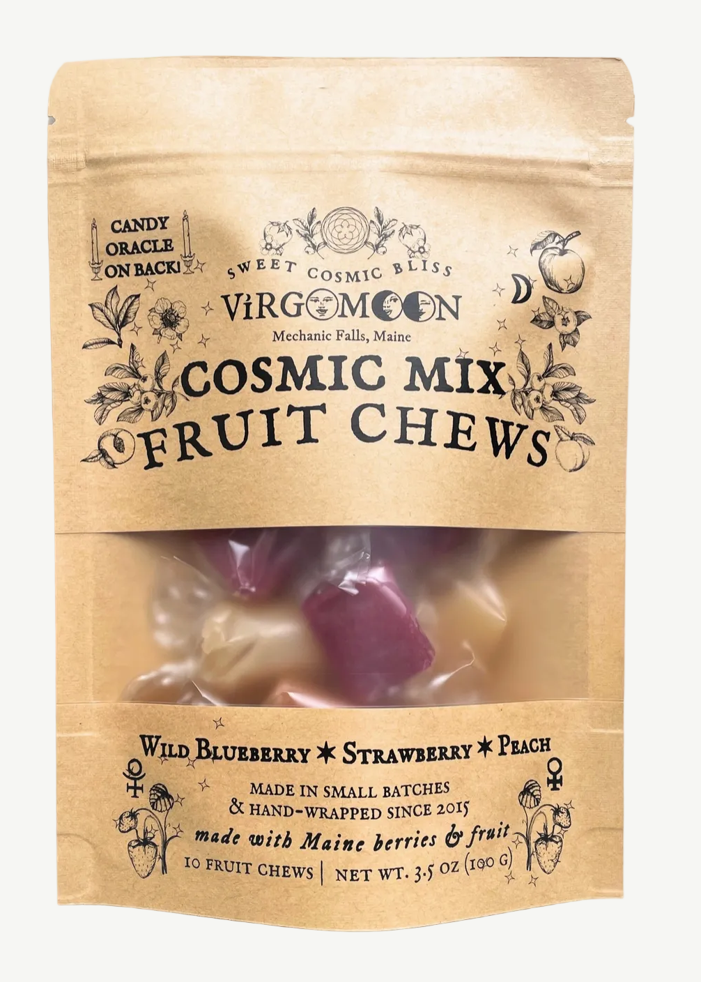 Packaged fruit chews with 'Virgo Moon' branding 