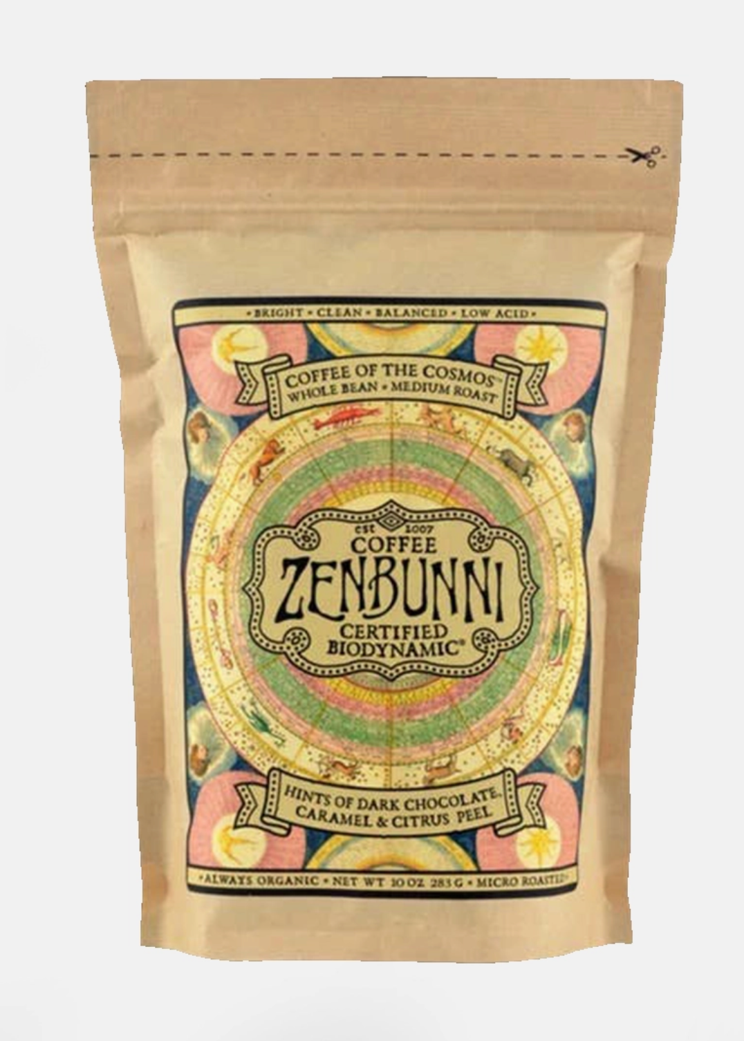 Kraft paper coffee bag with colorful label featuring 'Zenbunni' branding on a white background