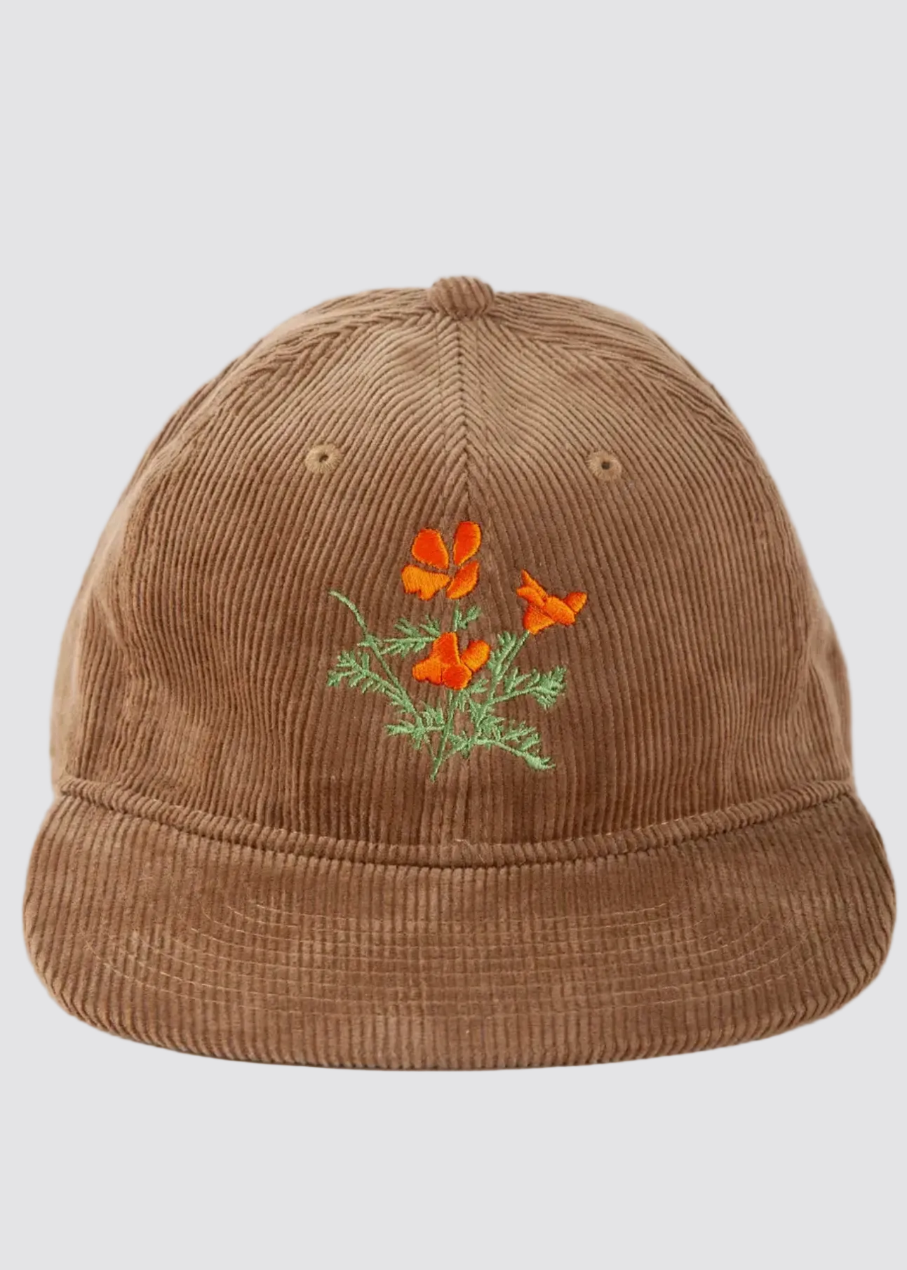Brown cap with embroidered orange flowers on a white background