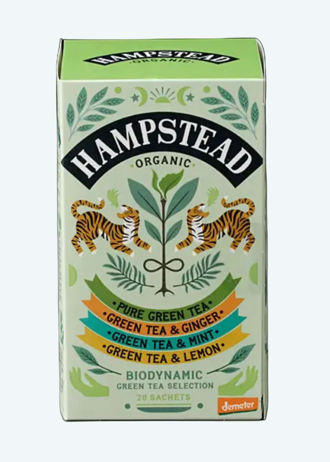 Hampstead Organic tea box with tigers and tea leaves on a gray background