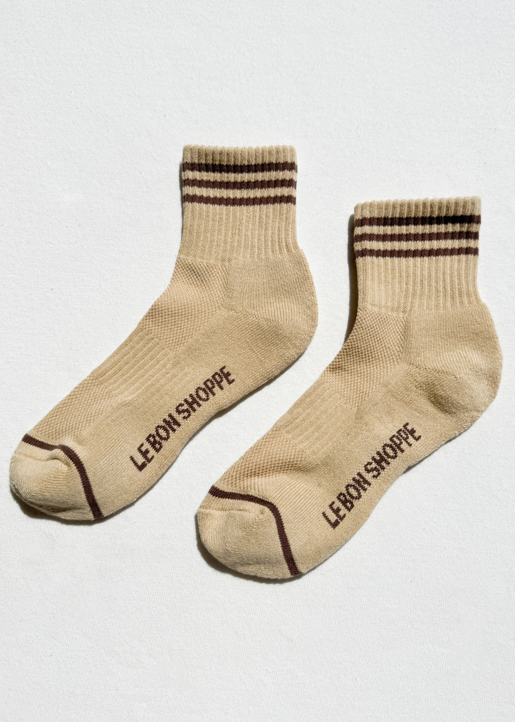 beige crew socks with brown stripes