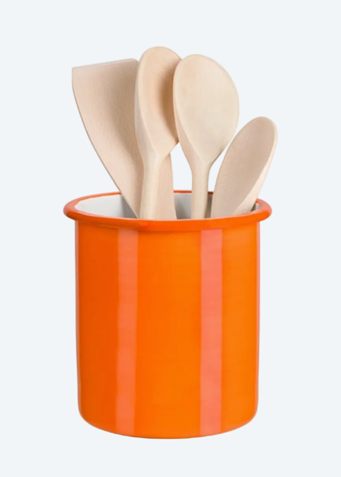 orange utensil holder with wooden utensils