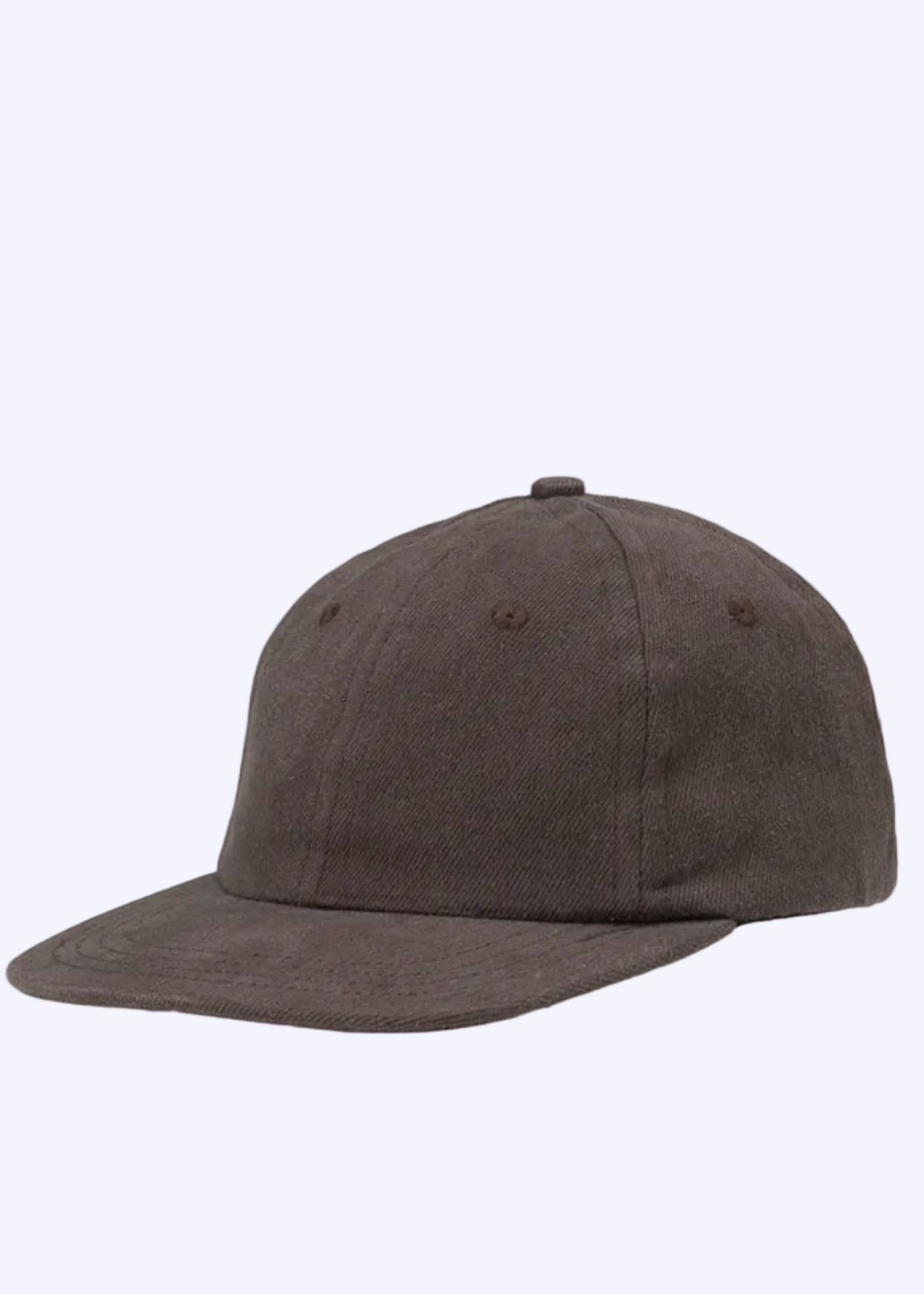 A dark brown flat-brim baseball cap shown on a plain white background, with a web browser interface visible around it.